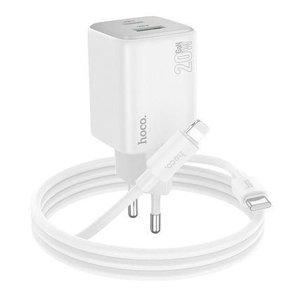 Зарядно за мрежа с кабел Lightning HOCO N41, 20W, 3A, 1 x USB-A - 1 x USB-C, Бяло
