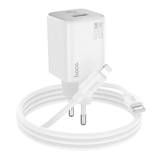 Зарядно за мрежа с кабел Lightning HOCO N41, 20W, 3A, 1 x USB-A - 1 x USB-C, Бяло