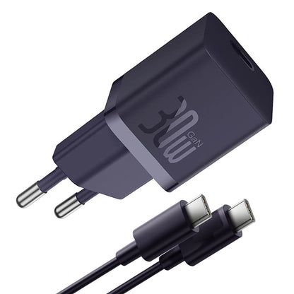 Мрежово зарядно устройство с USB-C кабел Baseus GaN Mini 1C, 30W, 3A, 1 x USB-C, Лилаво P10110902523-00