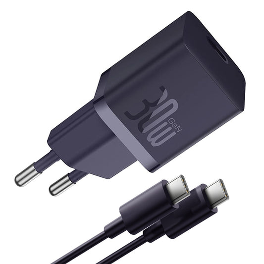 Мрежово зарядно устройство с USB-C кабел Baseus GaN Mini 1C, 30W, 3A, 1 x USB-C, Лилаво P10110902523-00