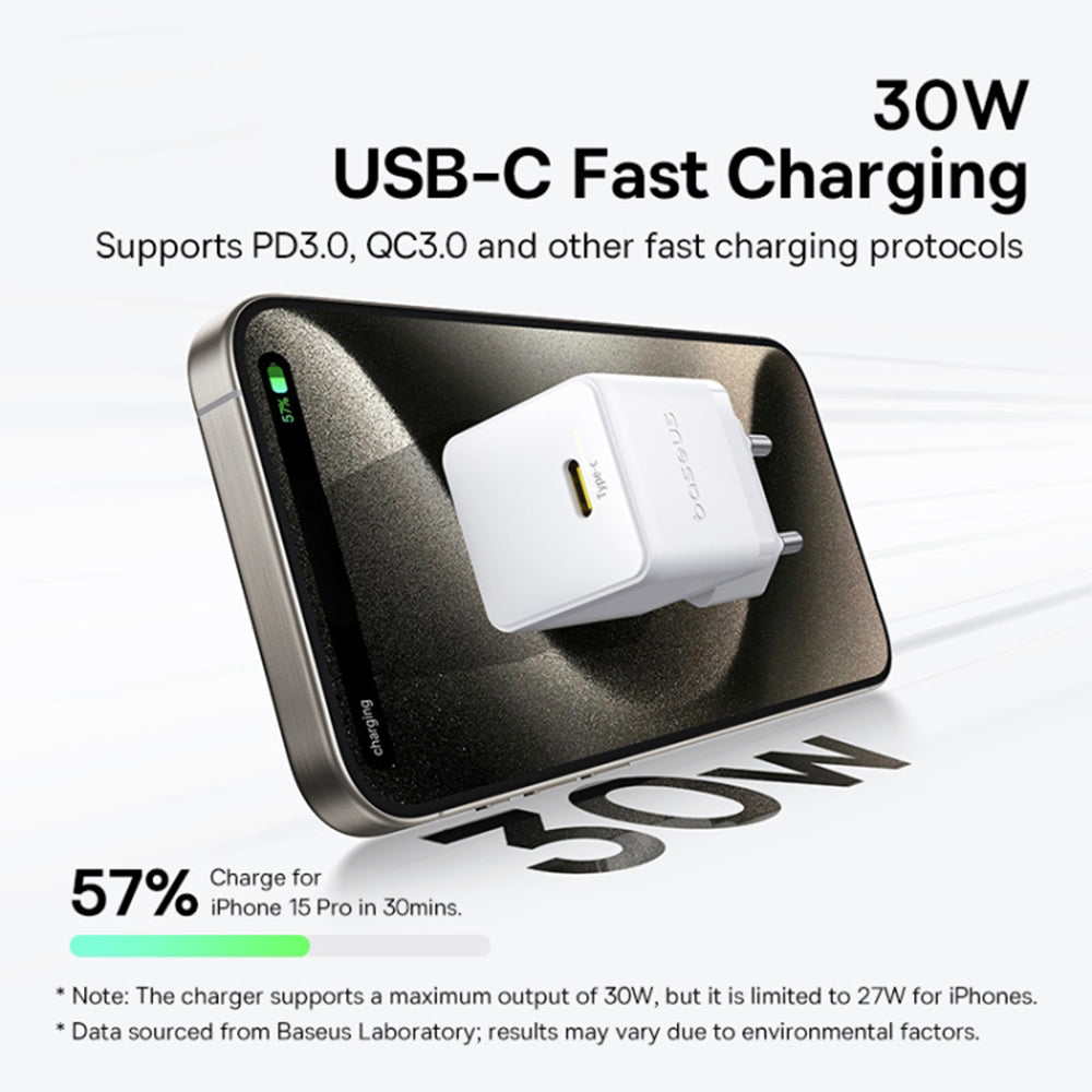 Зарядно за мрежа с USB-C кабел Baseus Palm, 30W, 3A, 1 x USB-C, Бяло P10111605213-01