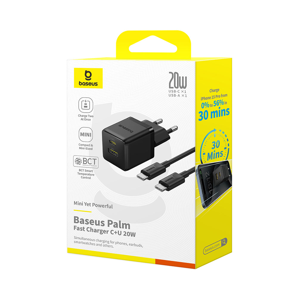 Мрежов зарядно устройство с USB-C кабел Baseus Palm, 20W, 3A, 1 x USB-A - 1 x USB-C, Черно P10111608113-01