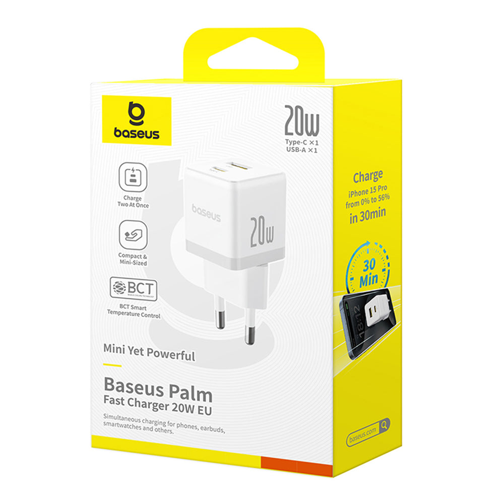 Зарядно за мрежа с USB-C кабел Baseus Palm, 20W, 3A, 1 x USB-A - 1 x USB-C, Бяло P10111608213-01
