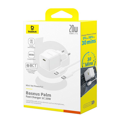 Зарядно за мрежа с USB-C кабел Baseus Palm, 20W, 3A, 1 x USB-C, Бяло P10111602213-01