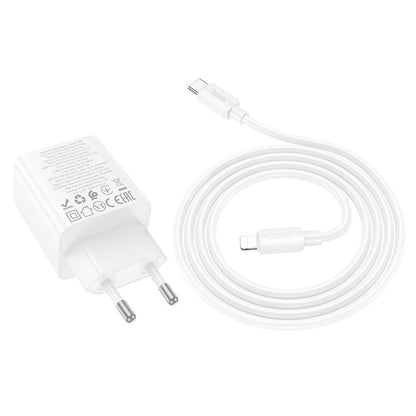 Зарядно за мрежа с кабел Lightning HOCO N56, 30W, 3A, 2 x USB-A - 2 x USB-C, Бяло