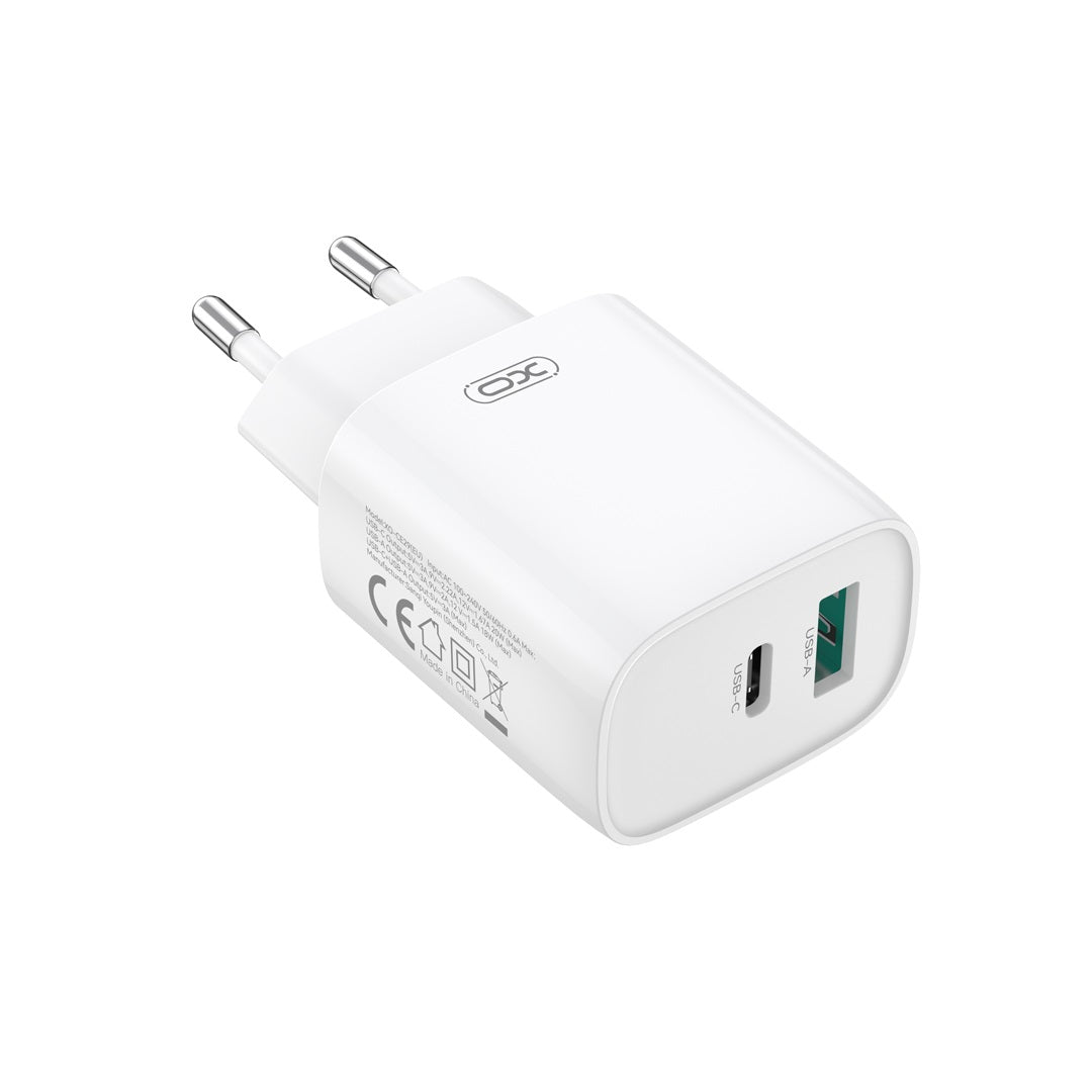Зарядно за мрежа с кабел USB-C XO Design CE29, 20W, 3A, 1 x USB-A - 1 x USB-C, Бяло