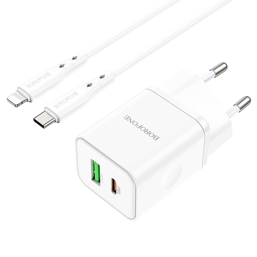 Зарядно устройство за мрежа с кабел Lightning Borofone BN7, 20W, 3A, 1 x USB-A - 1 x USB-C, Бяло