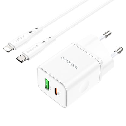 Зарядно устройство за мрежа с кабел Lightning Borofone BN7, 20W, 3A, 1 x USB-A - 1 x USB-C, Бяло