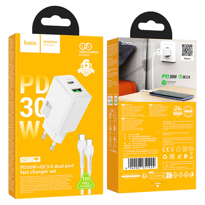 Зарядно за мрежа с кабел USB-C HOCO N71, 30W, 3A, 1 x USB-A - 1 x USB-C, Бяло