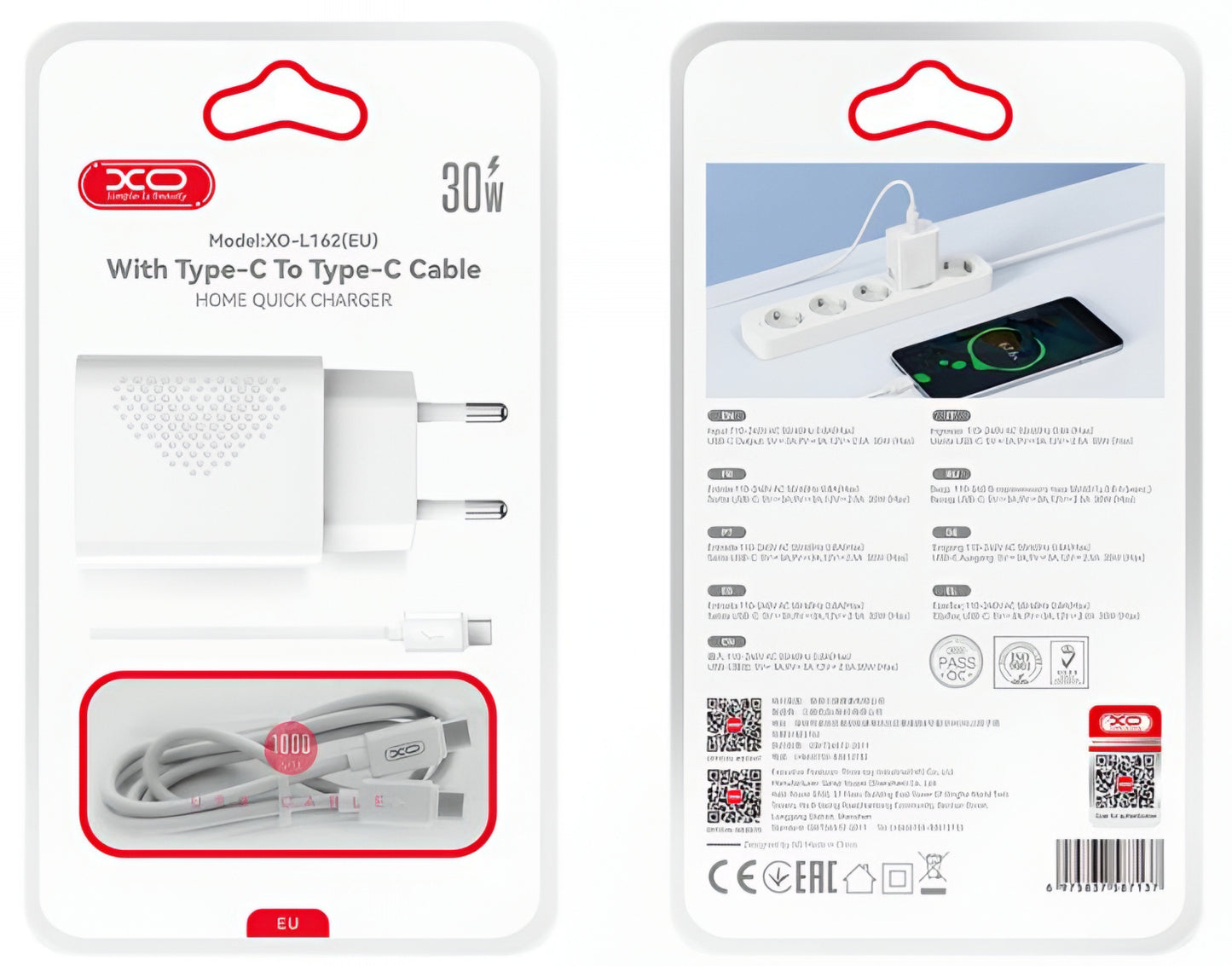Зарядно за мрежа с кабел USB-C XO Design L162, 30W, 3A, 1 x USB-C, Бяло