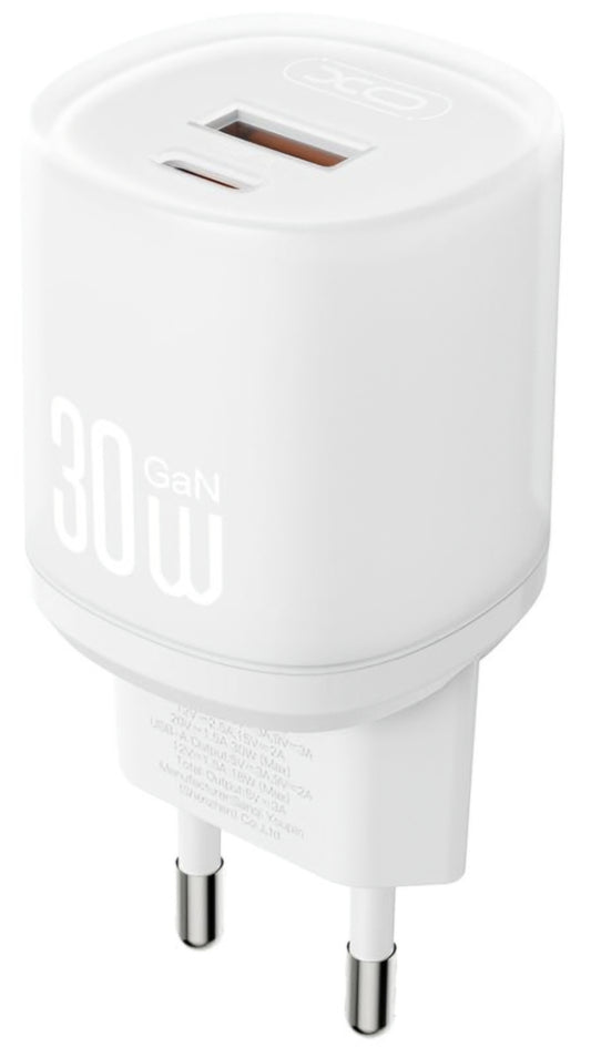 Зарядно за мрежа с кабел USB-C XO Design L151, 30W, 3A, 1 x USB-A - 1 x USB-C, Бяло