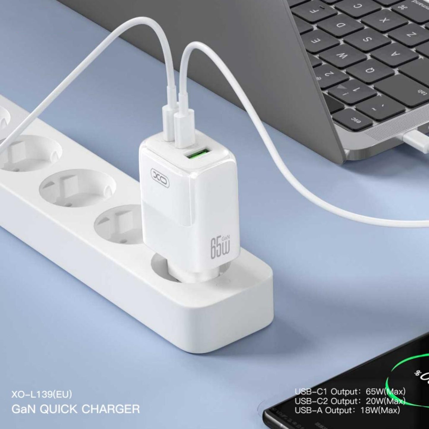 Зарядно устройство за мрежа с кабел USB-C XO Design L139, 65W, 4.5A, 1 x USB-A - 2 x USB-C, Бяло