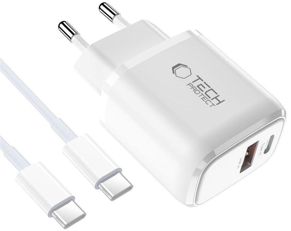 Мрежово зарядно устройство с USB-C кабел Tech-Protect NCA45W, 45W, 3A, 1 x USB-A - 1 x USB-C, Бяло