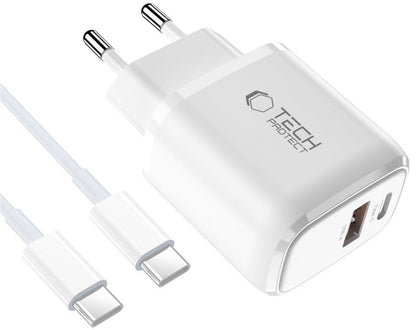 Мрежово зарядно устройство с USB-C кабел Tech-Protect NCA45W, 45W, 3A, 1 x USB-A - 1 x USB-C, Бяло