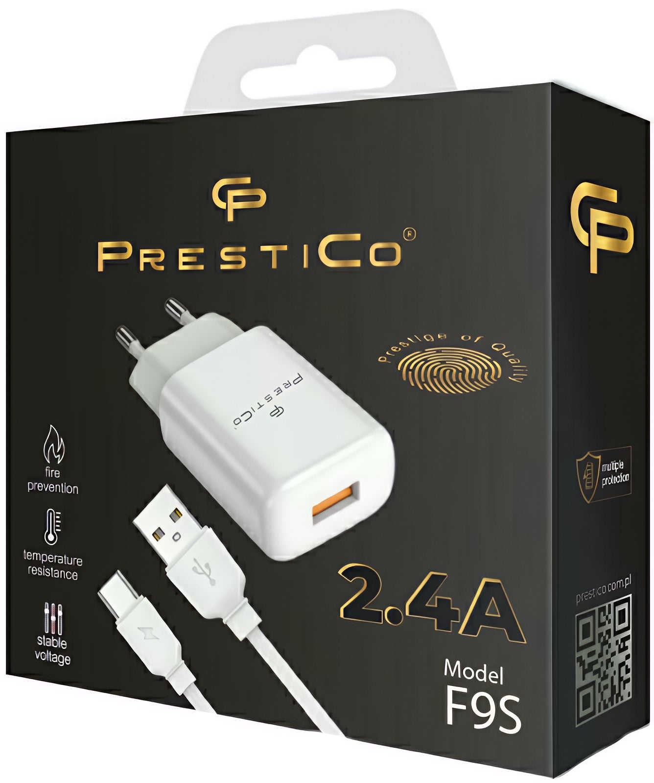 Мрежов заряден уред с USB-C кабел Prestico F9S, 12W, 2.4A, 1 x USB-A, Бял