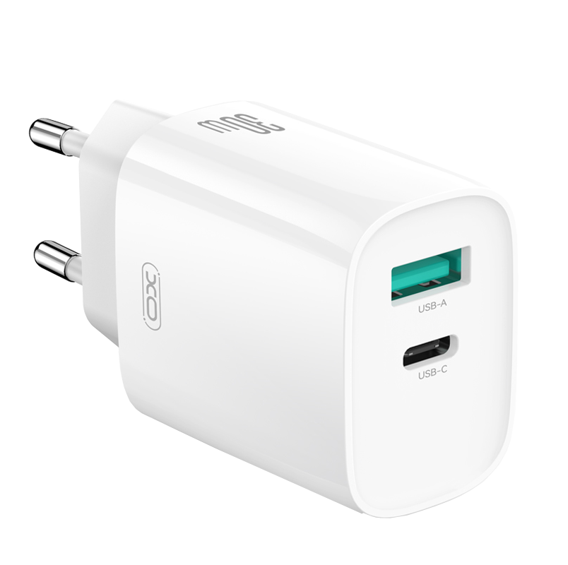 Зарядно устройство за мрежа с кабел USB-C XO Design CE30, 30W, 3A, 1 x USB-A - 1 x USB-C, Бяло