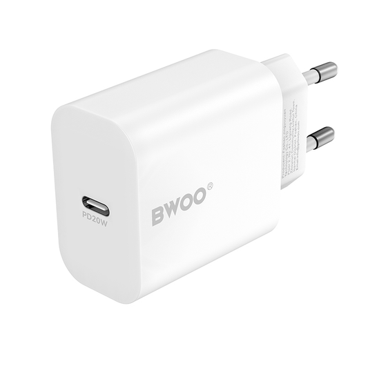 Зарядно за мрежа с кабел Lightning BWOO CDA233, 20W, 3A, 1 x USB-C, Бяло