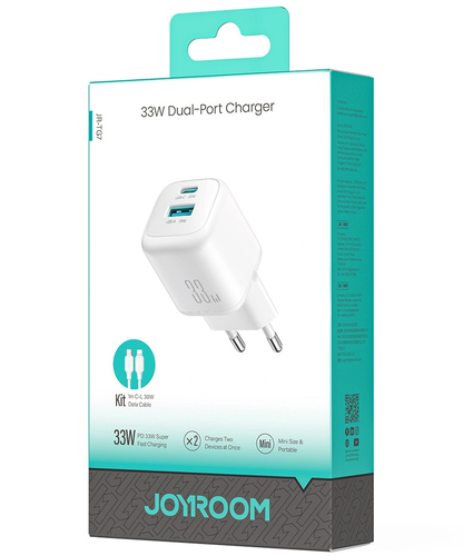 Joyroom JR-TG7 Network Charger with Lightning Cable, 33W, 3A, 1 x USB-A - 1 x USB-C, White