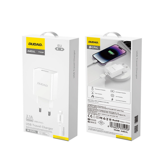 Мрежово зарядно с кабел Lightning Dudao A4EU, 10W, 2.1A, 1 x USB-A, Бяло