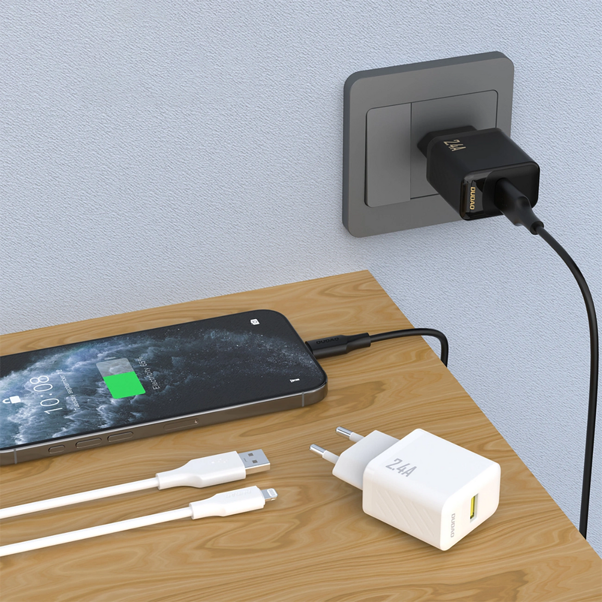 Зарядно устройство за мрежа с Lightning кабел Dudao A23LEU, 30W, 2.4A, 1 x USB-A, бяло