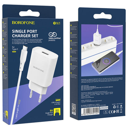 Мрежово зарядно устройство с USB-C кабел Borofone BN1, 10W, 2.1A, 1 x USB-A, бяло