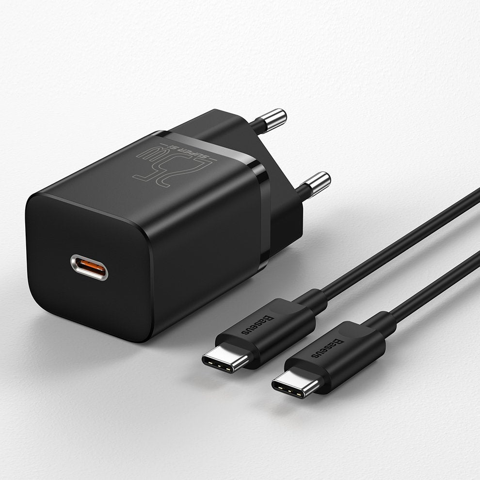 Мрежово зарядно устройство Baseus Super Si USB-C с USB-C кабел, 25W, 3A, 1 x USB-C, черно TZCCCSUP-L01 