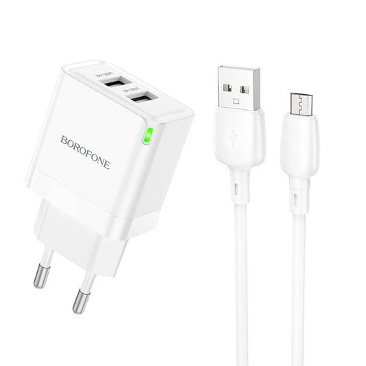 Мрежово зарядно устройство с microUSB кабел Borofone BN15 Strong, 10.5W, 2.1A, 2 x USB-A, бяло 