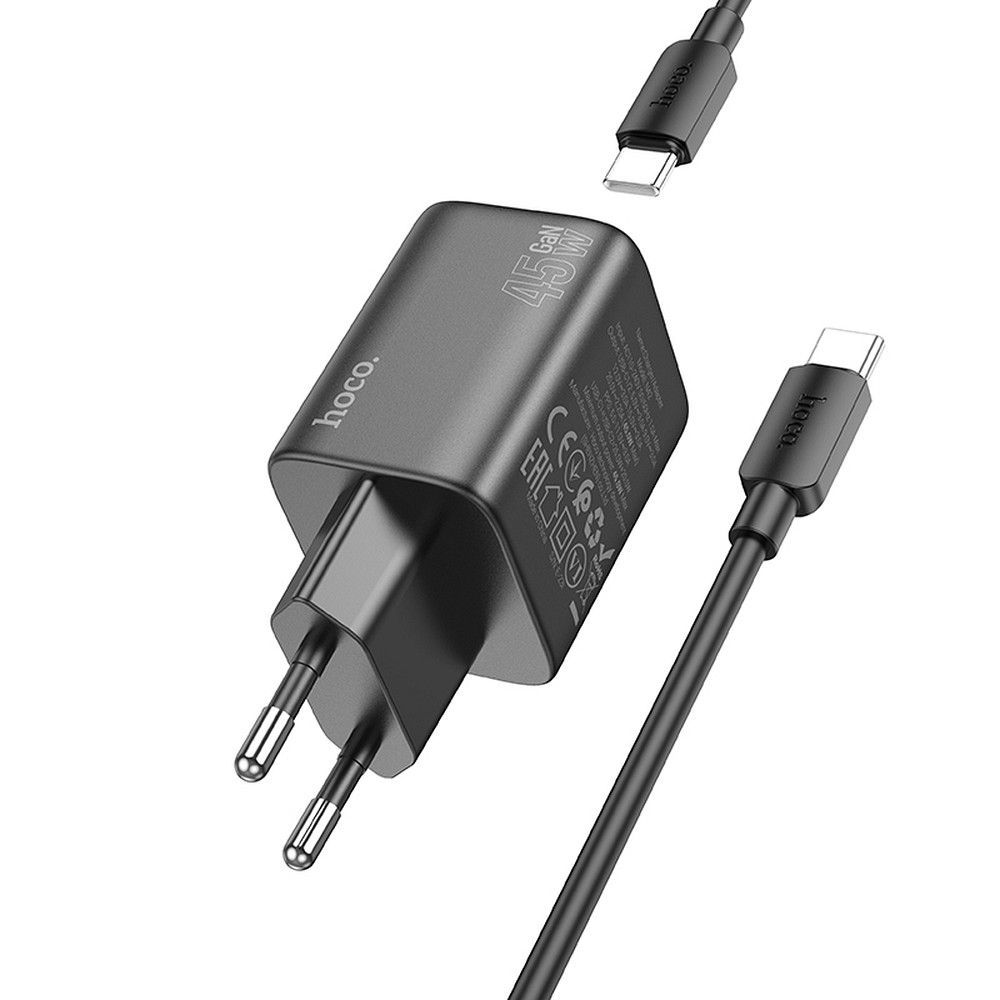 Мрежово зарядно устройство с USB-C кабел HOCO N42, 45W, 3A, 2 x USB-C, черно 