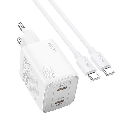 Мрежово зарядно устройство с USB-C кабел HOCO N42, 45W, 3A, 2 x USB-C, бяло 