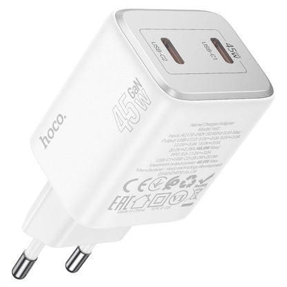 Мрежово зарядно устройство с Lightning кабел HOCO N42, 45W, 3A, 2 x USB-C, бяло 