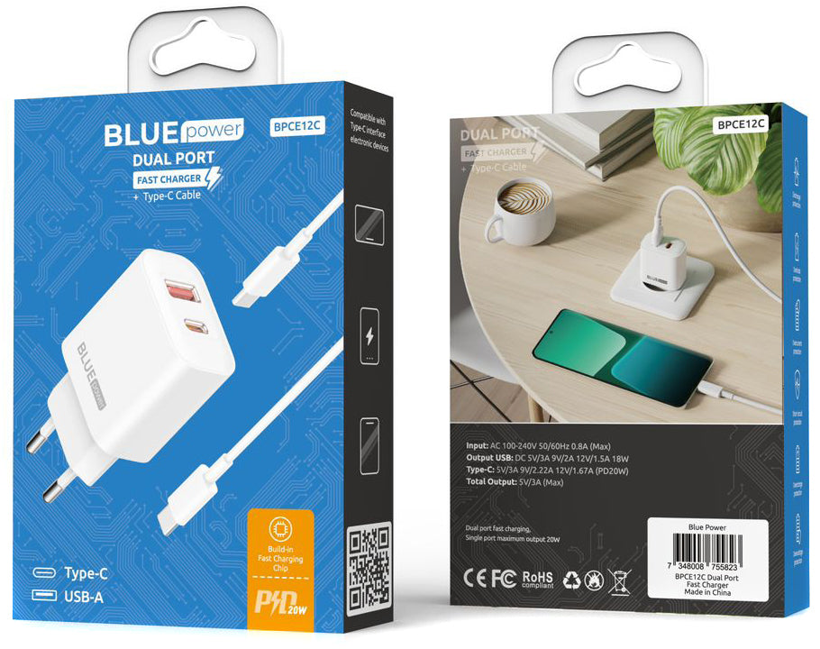 Blue Power BPCE12C USB-C кабелно мрежово зарядно устройство BPCE12C, 20W, 3A, 1 x USB-A - 1 x USB-C, бяло 