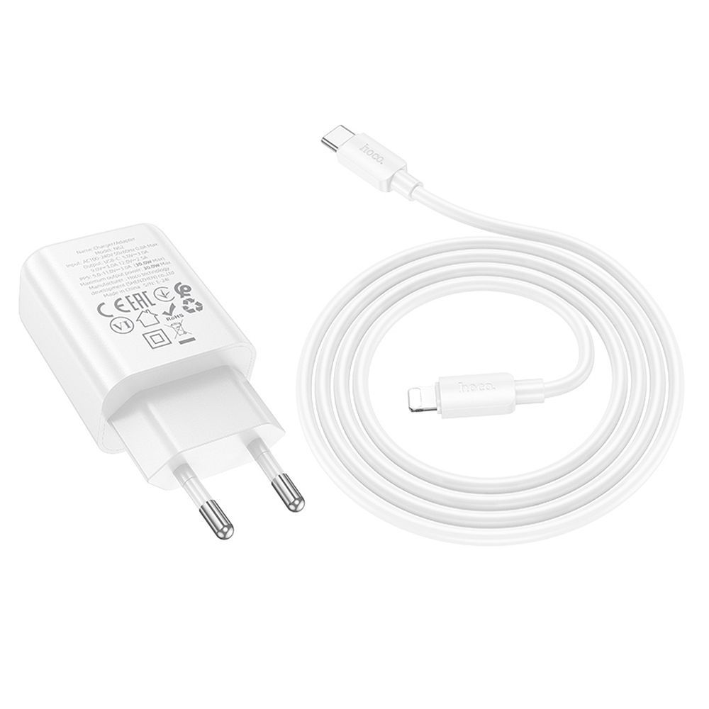 Зарядно за мрежа с кабел Lightning HOCO N62, 30W, 3A, 1 x USB-C, Бяло