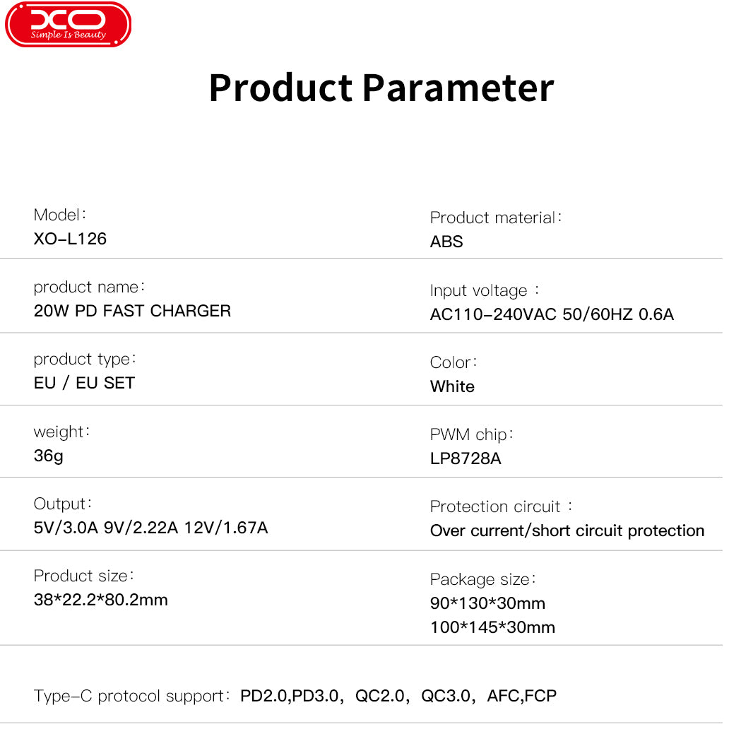 Зарядно устройство за мрежа с кабел USB-C XO Design L126, 20W, 3A, 1 x USB-C, Бяло