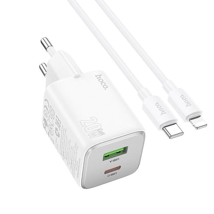 Зарядно за мрежа с кабел Lightning HOCO N41, 20W, 3A, 1 x USB-A - 1 x USB-C, Бяло