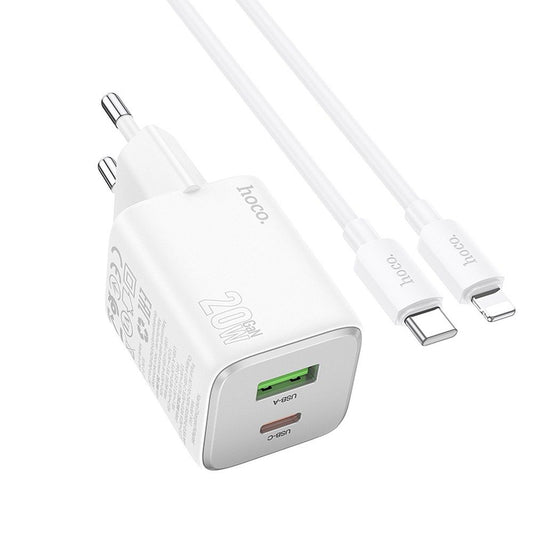Зарядно за мрежа с кабел Lightning HOCO N41, 20W, 3A, 1 x USB-A - 1 x USB-C, Бяло