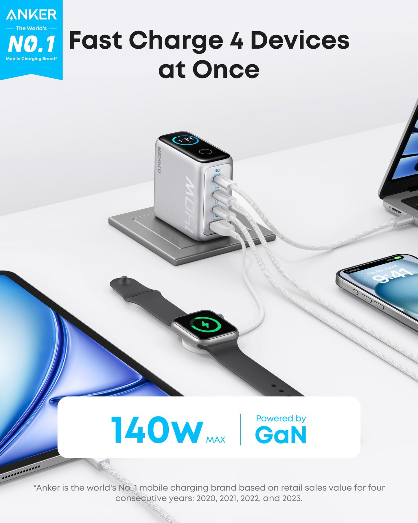 Зарядно устройство за мрежа с кабел USB-C Anker Zolo, 140W, 5A, 1 x USB-A - 3 x USB-C, Сребристо B2697G41