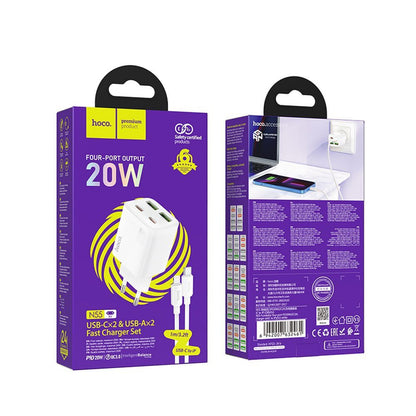 Мрежов зарядно с кабел Lightning HOCO N55, 20W, 3A, 2 x USB-A - 2 x USB-C, Бяло