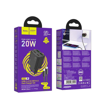 Зарядно устройство за мрежа с кабел Lightning HOCO N55, 20W, 3A, 2 x USB-A - 2 x USB-C, Черно