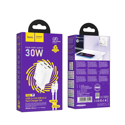 Зарядно за мрежа с кабел Lightning HOCO N56, 30W, 3A, 2 x USB-A - 2 x USB-C, Бяло