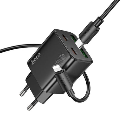Мрежово зарядно устройство с кабел Lightning HOCO N56, 30W, 3A, 2 x USB-A - 2 x USB-C, Черно