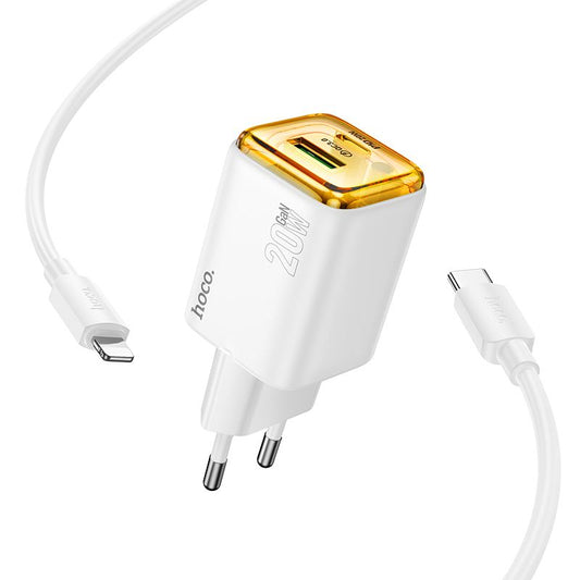 Зарядно за мрежа с USB-C кабел HOCO N52, 20W, 3A, 1 x USB-A - 1 x USB-C, Бяло