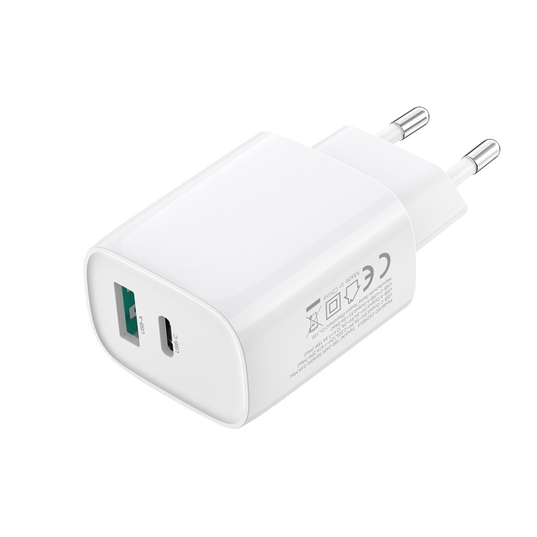 Зарядно за мрежа с кабел USB-C XO Design CE29, 20W, 3A, 1 x USB-A - 1 x USB-C, Бяло