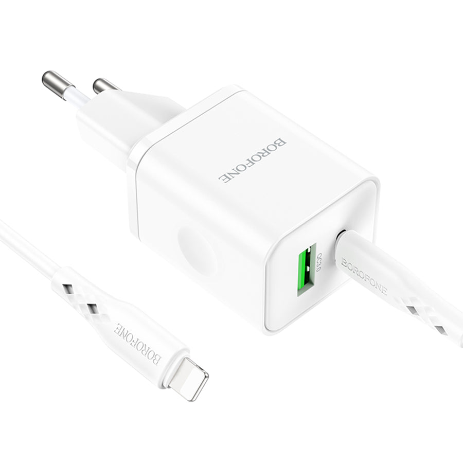 Зарядно устройство за мрежа с кабел Lightning Borofone BN7, 20W, 3A, 1 x USB-A - 1 x USB-C, Бяло