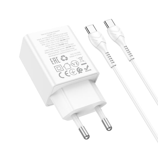 Зарядно за мрежа с кабел USB-C HOCO N71, 30W, 3A, 1 x USB-A - 1 x USB-C, Бяло
