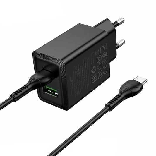 Зарядно за мрежа с кабел USB-C HOCO N71, 30W, 3A, 1 x USB-A - 1 x USB-C, Черно