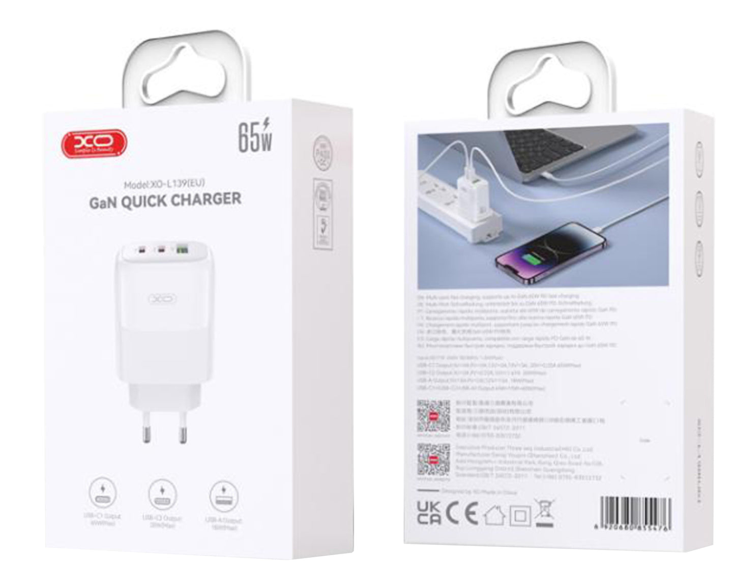 Зарядно устройство за мрежа с кабел USB-C XO Design L139, 65W, 4.5A, 1 x USB-A - 2 x USB-C, Бяло