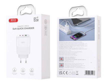 Зарядно устройство за мрежа с кабел USB-C XO Design L139, 65W, 4.5A, 1 x USB-A - 2 x USB-C, Бяло