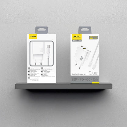 Мрежов заряден уред с USB-C кабел Dudao A27TCEU, 30W, 1 x USB-A - 1 x USB-C, Бял