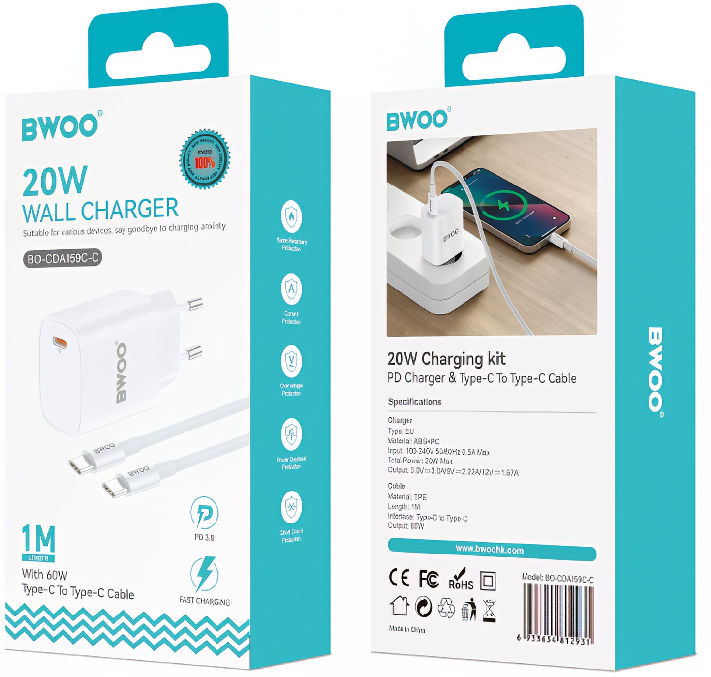 Мрежов заряден уред с USB-C кабел BWOO CDA159, 20W, 3A, 1 x USB-C, Бял