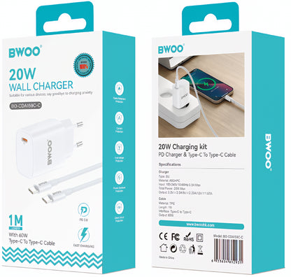 Мрежов заряден уред с USB-C кабел BWOO CDA159, 20W, 3A, 1 x USB-C, Бял